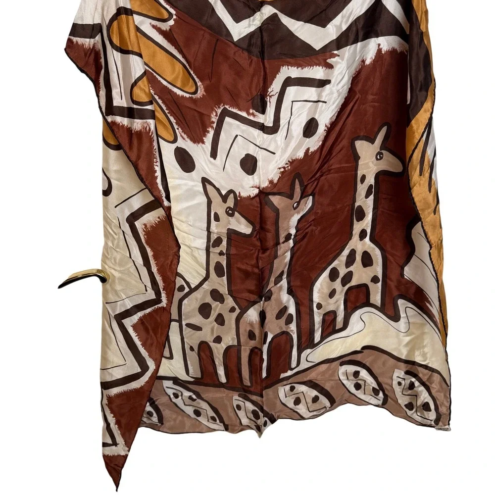 Vintage Giraffe Print Silk Scarf Brown Tan Safari Art Deco Boho Eclectic Artsy